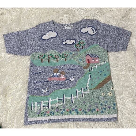 Novelty pullover sweater short sleeve pond trees flowers pastoral scene Medium - Picture 1 of 4